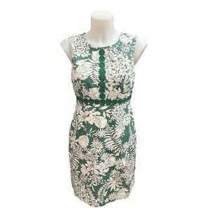 Boden Green Floral Sheath Shift Dress Crew Neck Embroidered Details sz US 4P